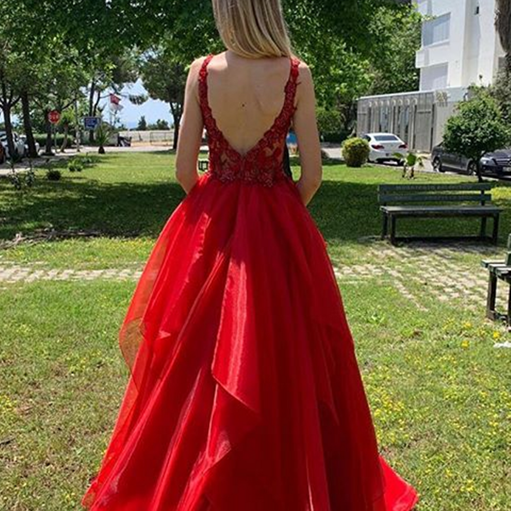 
                      
                        V Neck Open Back Red Lace Long Prom Dresses, Red Lace Formal Dresses, Red Evening Dresses 
                      
                    