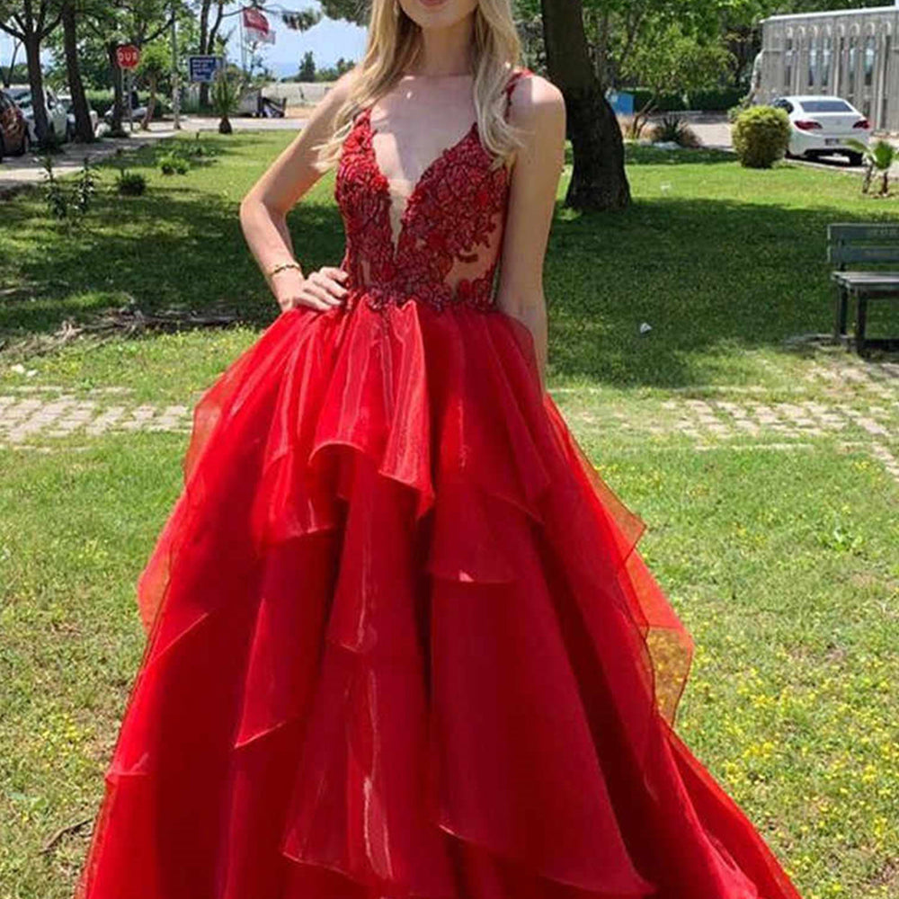 V Neck Open Back Red Lace Long Prom Dresses, Red Lace Formal Dresses, Red Evening Dresses 