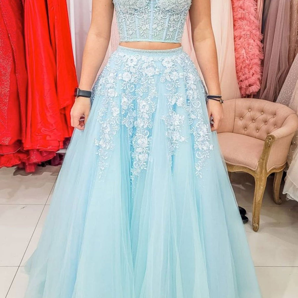 
                      
                        V Neck Open Back Two Pieces Blue Lace Long Prom Dresses, 2 Pieces Blue Formal Dresses, Blue Lace Evening Dresses 
                      
                    