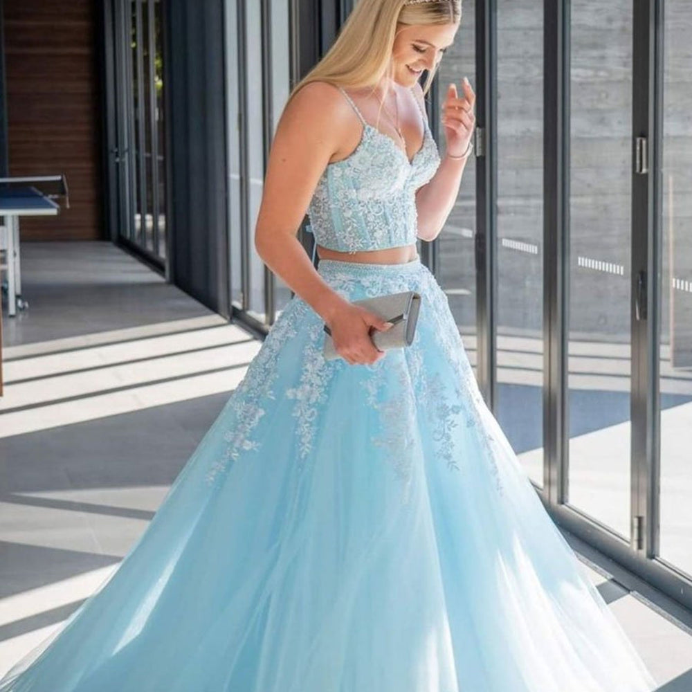 V Neck Open Back Two Pieces Blue Lace Long Prom Dresses, 2 Pieces Blue Formal Dresses, Blue Lace Evening Dresses 