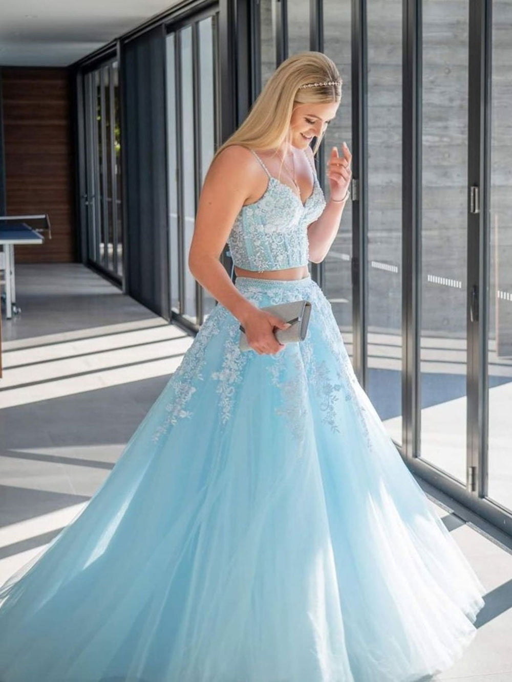 V Neck Open Back Two Pieces Blue Lace Long Prom Dresses, 2 Pieces Blue Formal Dresses, Blue Lace Evening Dresses 