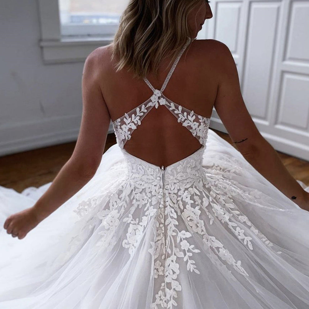 
                      
                        V Neck Open Back White Lace Long Prom Dresses, White Lace Wedding Dresses, White Formal Evening Dresses 
                      
                    