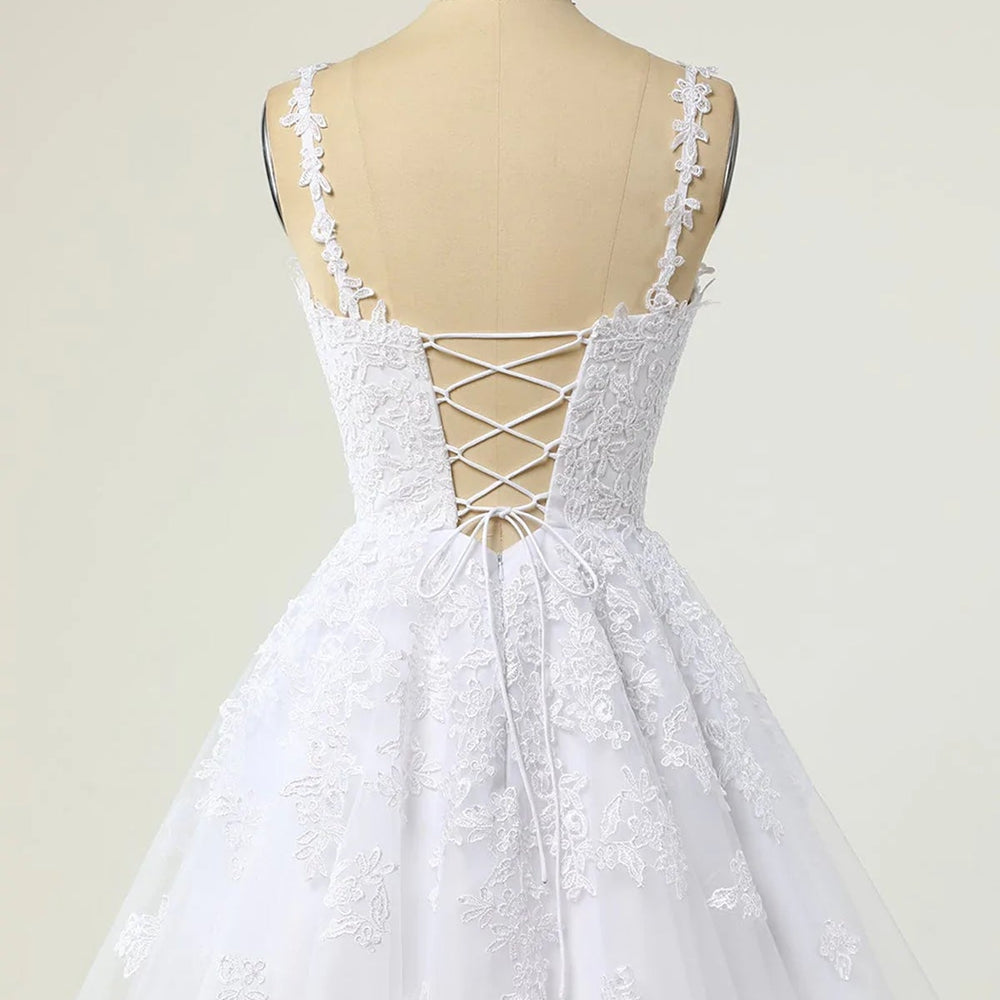 
                      
                        V Neck Open Back White Lace Short Prom Homecoming Dresses, White Lace Formal Graduation Evening Dresses 
                      
                    