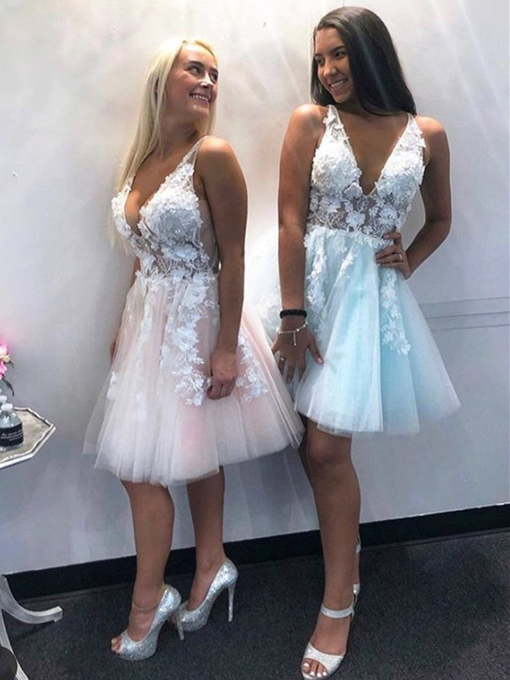 V Neck Pink Blue Lace Floral Short Prom Dresses, Short Pink Blue Lace Formal Evening Homecoming Dresses