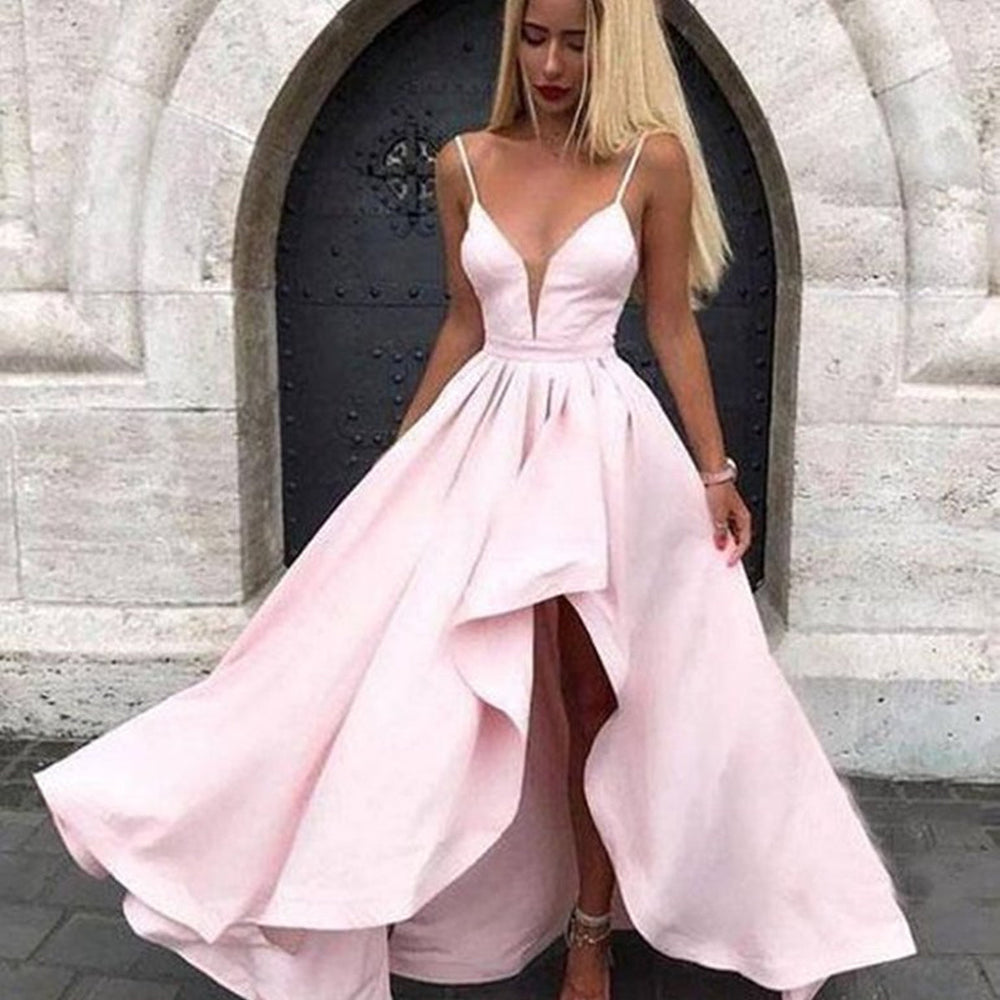 V Neck Pink High Low Prom Dresses, V Neck Pink High Low Formal Graduation Dresses