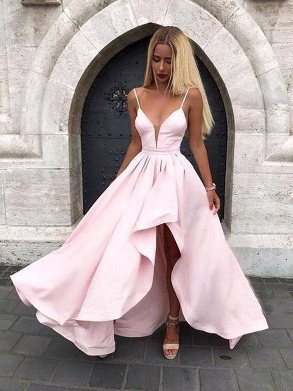 V Neck Pink High Low Prom Dresses, V Neck Pink High Low Formal Graduation Dresses