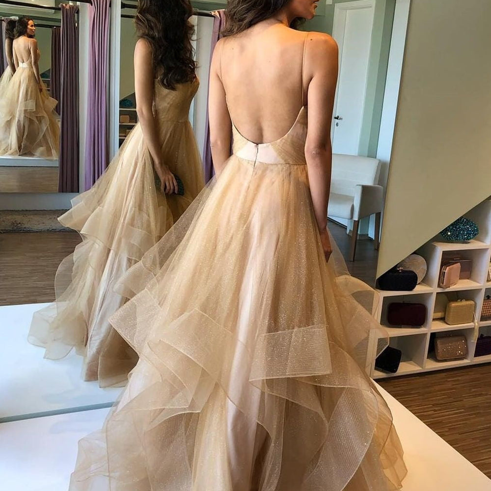 
                      
                        V Neck Puffy Backless Champagne Long Prom Dresses, Backless Champagne Formal Dresses, Champagne Evening Dresses, Ball Gown
                      
                    