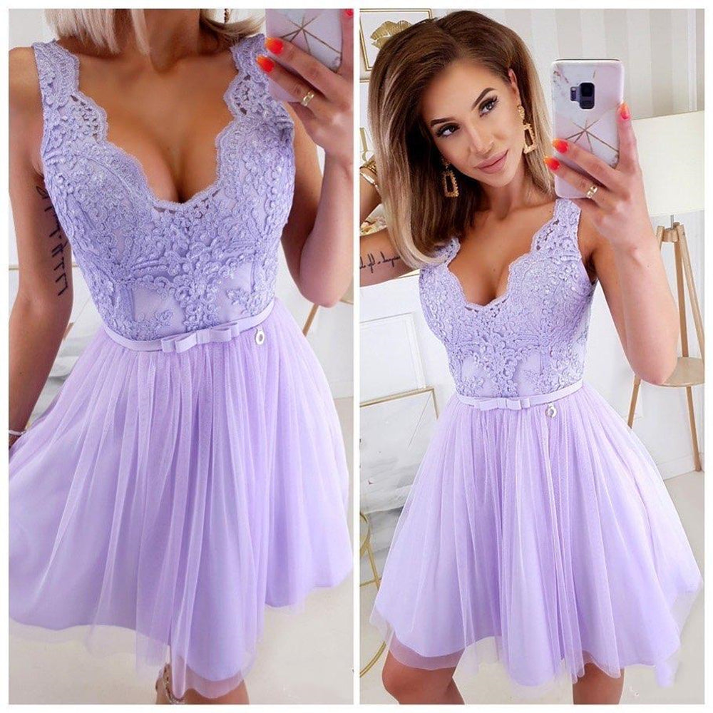 
                      
                        V Neck Purple Lace Short Prom Homecoming Dresses, Purple Lace Formal Graduation Evening Dresses
                      
                    