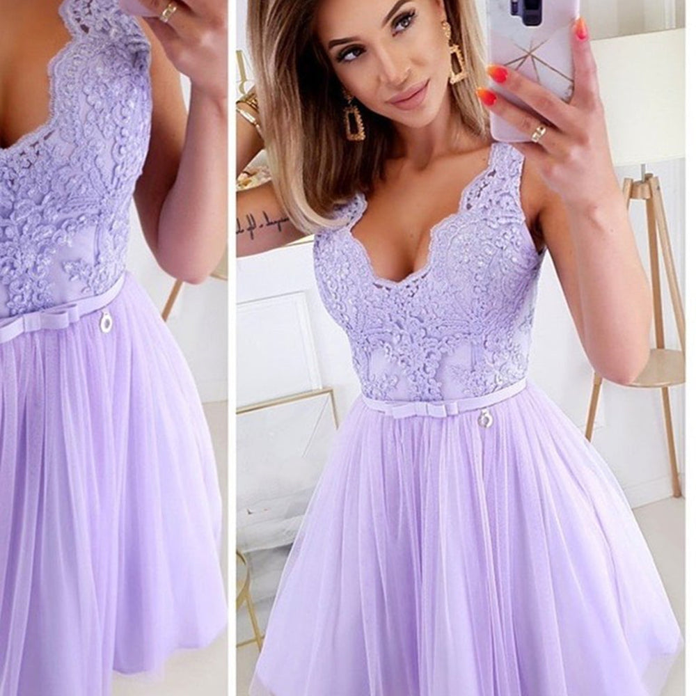 
                      
                        V Neck Purple Lace Short Prom Homecoming Dresses, Purple Lace Formal Graduation Evening Dresses
                      
                    