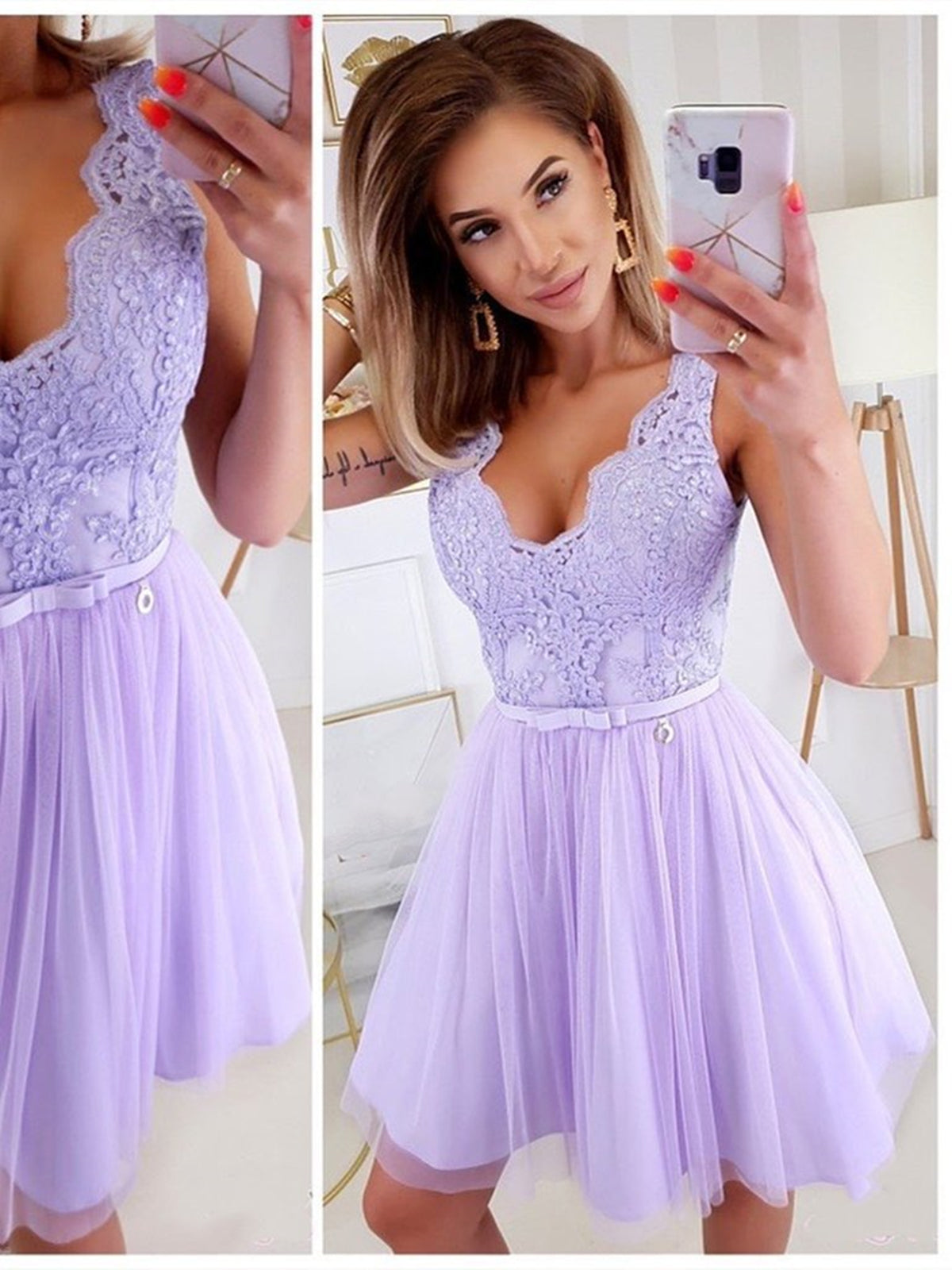 V Neck Purple Lace Short Prom Homecoming Dresses, Purple Lace Formal Graduation Evening Dresses