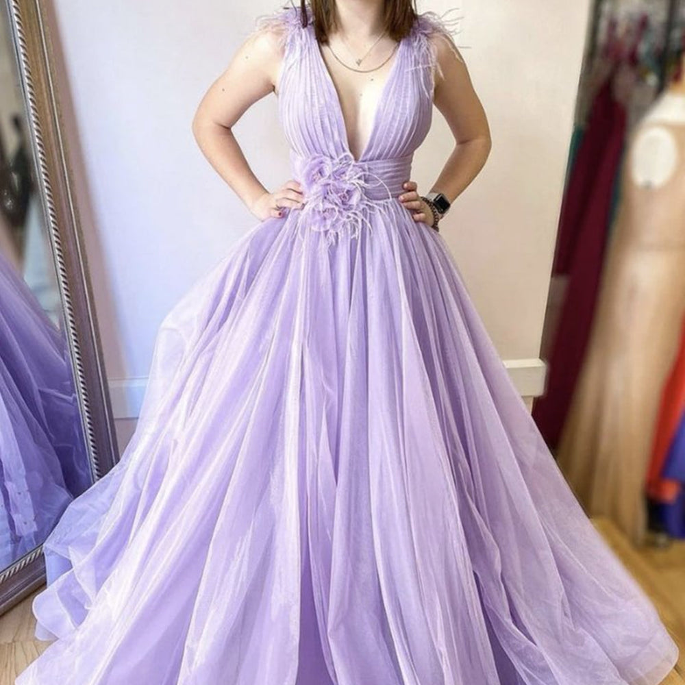 V Neck Purple Tulle Long Prom Dresses, Long Purple Formal Evening Dresses