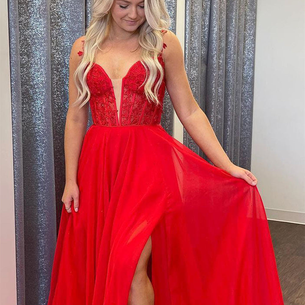 
                      
                        V Neck Red Lace Long Prom Dresses with High Slit, Red Lace Formal Graduation Evening Dresses 
                      
                    