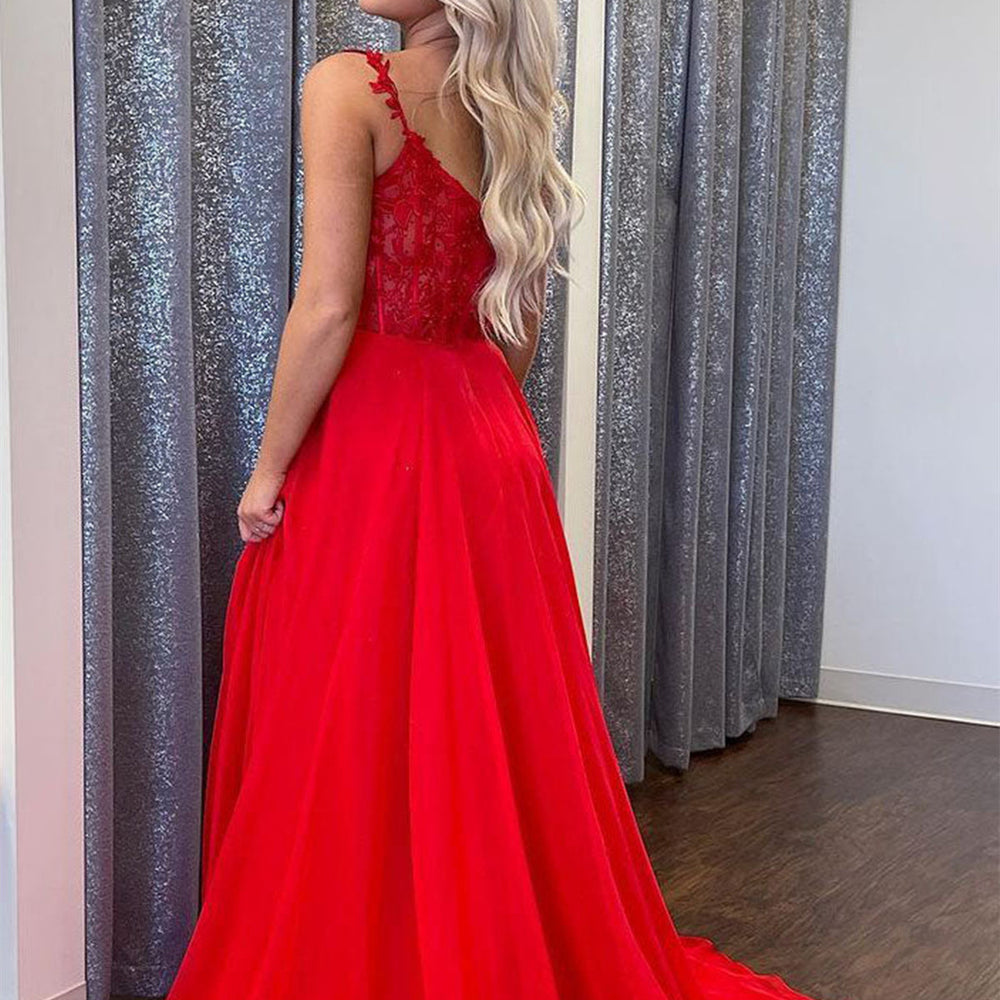 
                      
                        V Neck Red Lace Long Prom Dresses with High Slit, Red Lace Formal Graduation Evening Dresses 
                      
                    