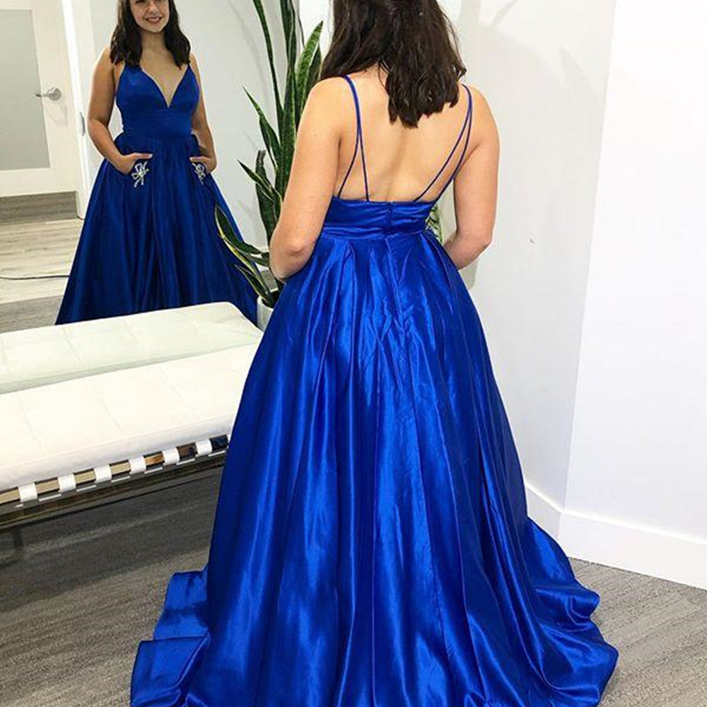 
                      
                        V Neck Royal Blue Satin Long Prom Dresses with Pocket, Royal Blue Formal Evening Dresses
                      
                    