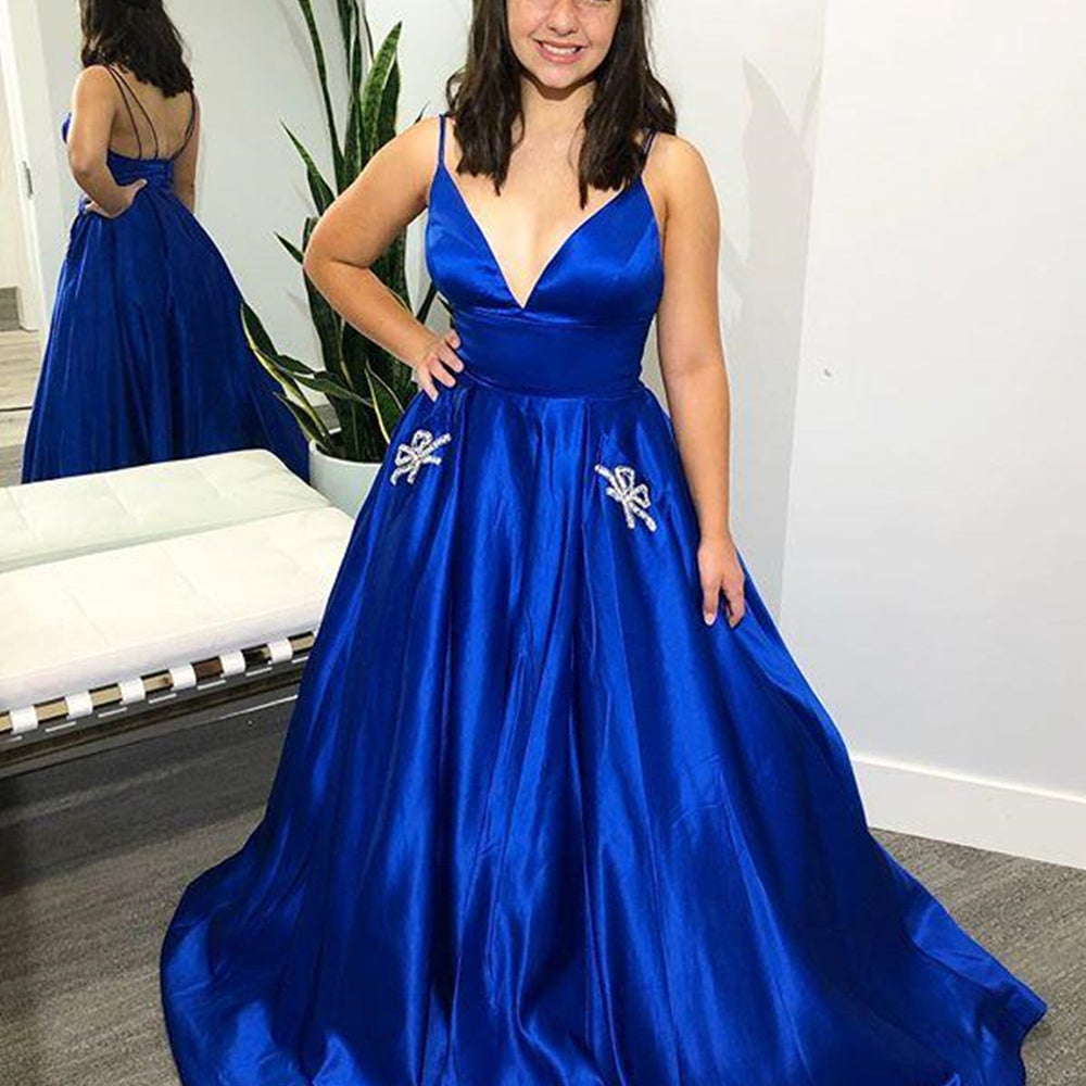 
                      
                        V Neck Royal Blue Satin Long Prom Dresses with Pocket, Royal Blue Formal Evening Dresses
                      
                    