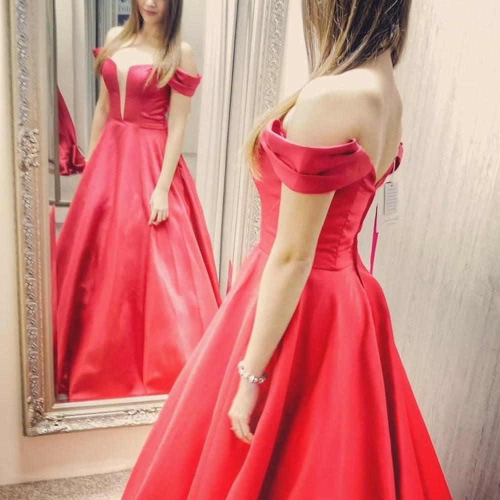 
                      
                        V Neck Satin Off the Shoulder Long Red Prom Dresses, Off Shoulder Red Formal Dresses, Red Evening Dresses
                      
                    