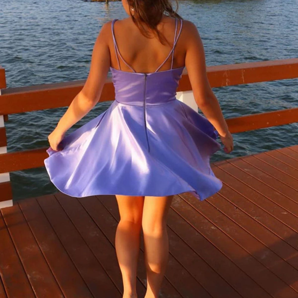 
                      
                        V Neck Short Purple Prom Dresses with Pocket, Lilac Homecoming Dresses, V Neck Purple Formal Graduation Evening Dresses 
                      
                    