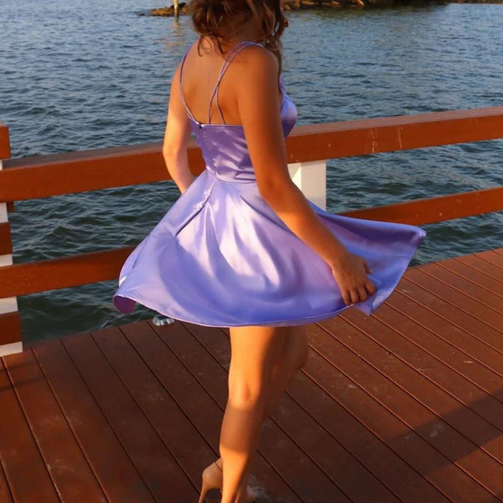 
                      
                        V Neck Short Purple Prom Dresses with Pocket, Lilac Homecoming Dresses, V Neck Purple Formal Graduation Evening Dresses 
                      
                    