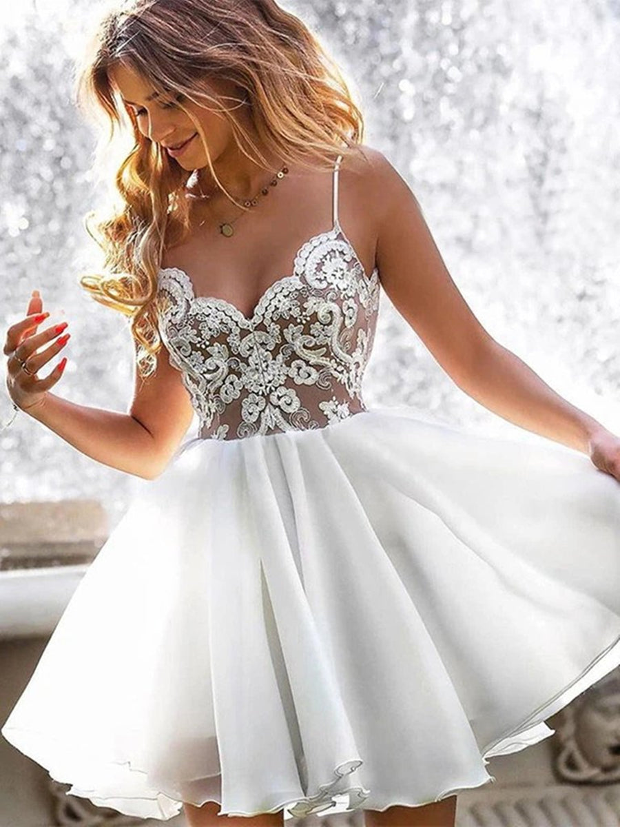 V Neck Short White Lace Prom Dresses, White Lace Formal Graduation Homecoming Dresses