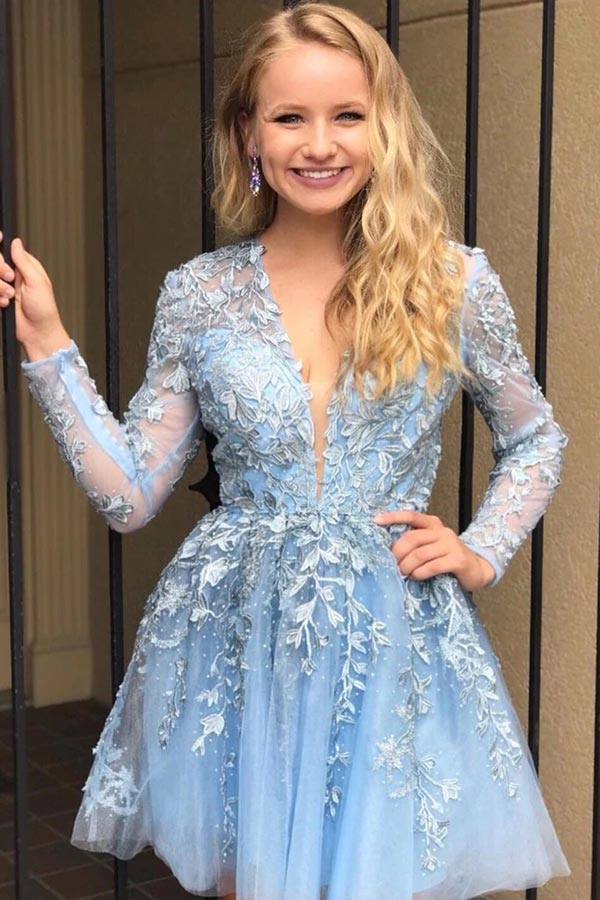 V Neck Sky BLue Lace Short Homecoming Dress Long Sleeve Graduation DressWD193