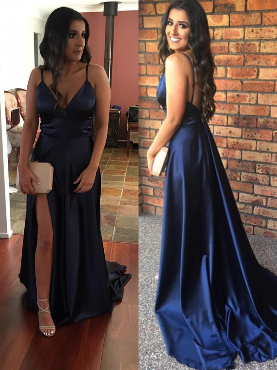 V Neck tti Straps Backless Satin Navy Blue Prom Dresses with Slit, Navy Blue Formal Dresses, Evening Dresses