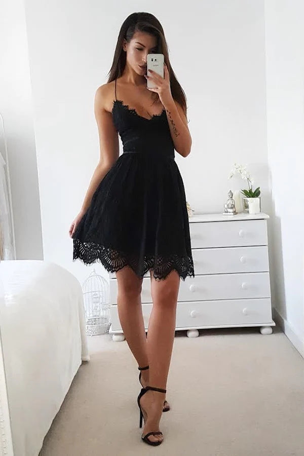 
                      
                        V Neck Spaghetti Straps Black Lace Homecoming Dress Short Party Dress WD246
                      
                    