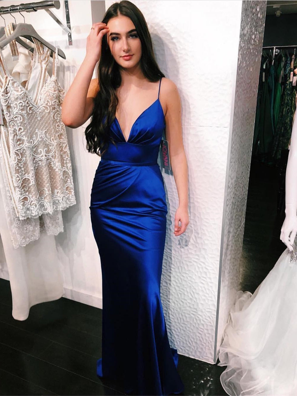 V Neck tti Straps Mermaid Long Royal Blue Prom Dresses, Mermaid Royal Blue Long Formal Dresses, Royal Blue Evening Dresses