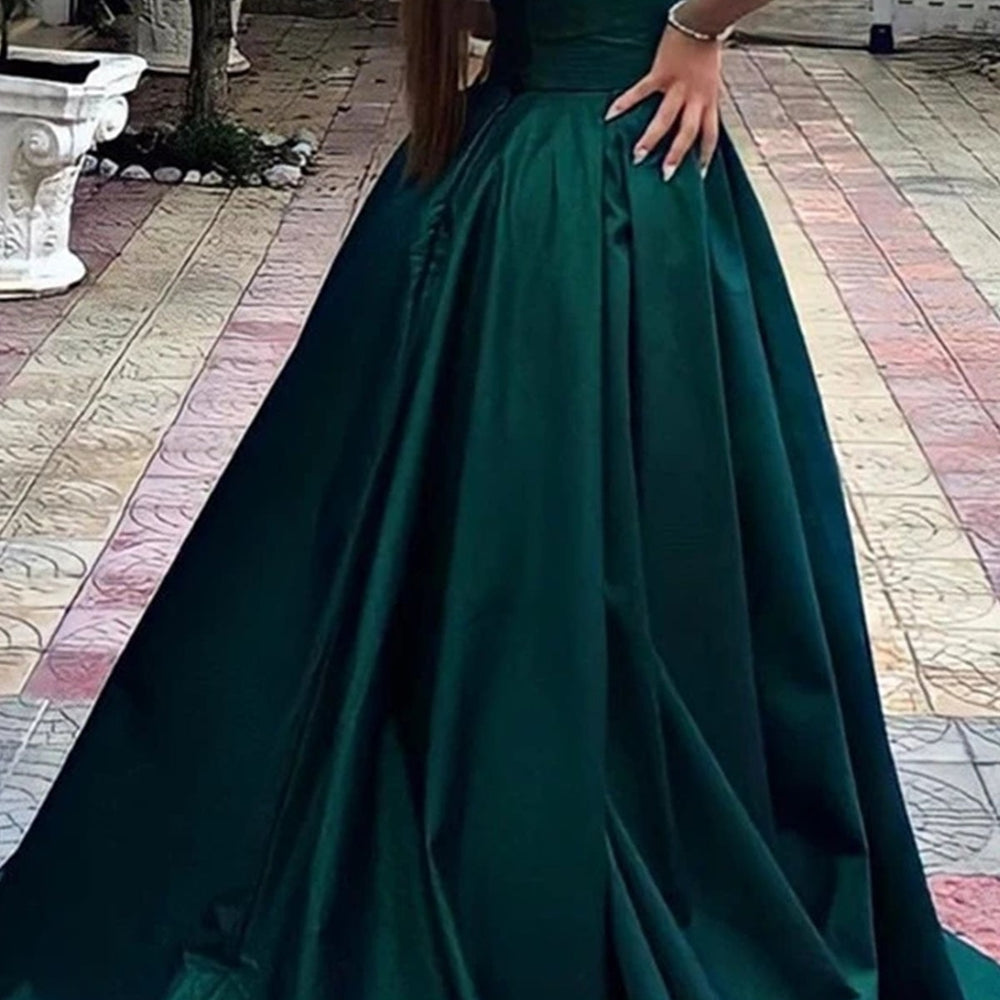 
                      
                        V Neck Strapless Green Satin Long Prom Dresses, V Neck Green Formal Graduation Evening Dresses 
                      
                    