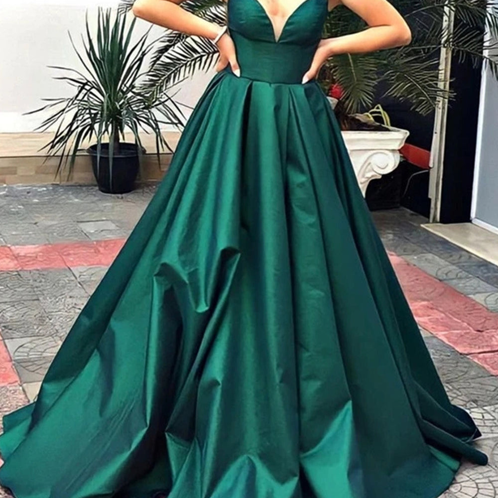 V Neck Strapless Green Satin Long Prom Dresses, V Neck Green Formal Graduation Evening Dresses 