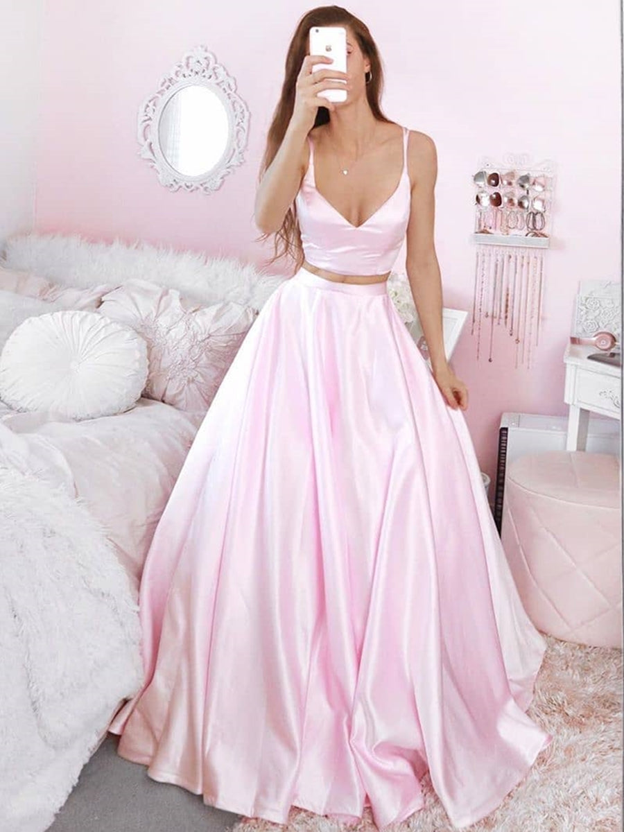 V Neck Two Pieces Pink Satin Long Prom Dresses, 2 Pieces Pink Formal Dresses, Pink Evening Dresses, Ball Gown