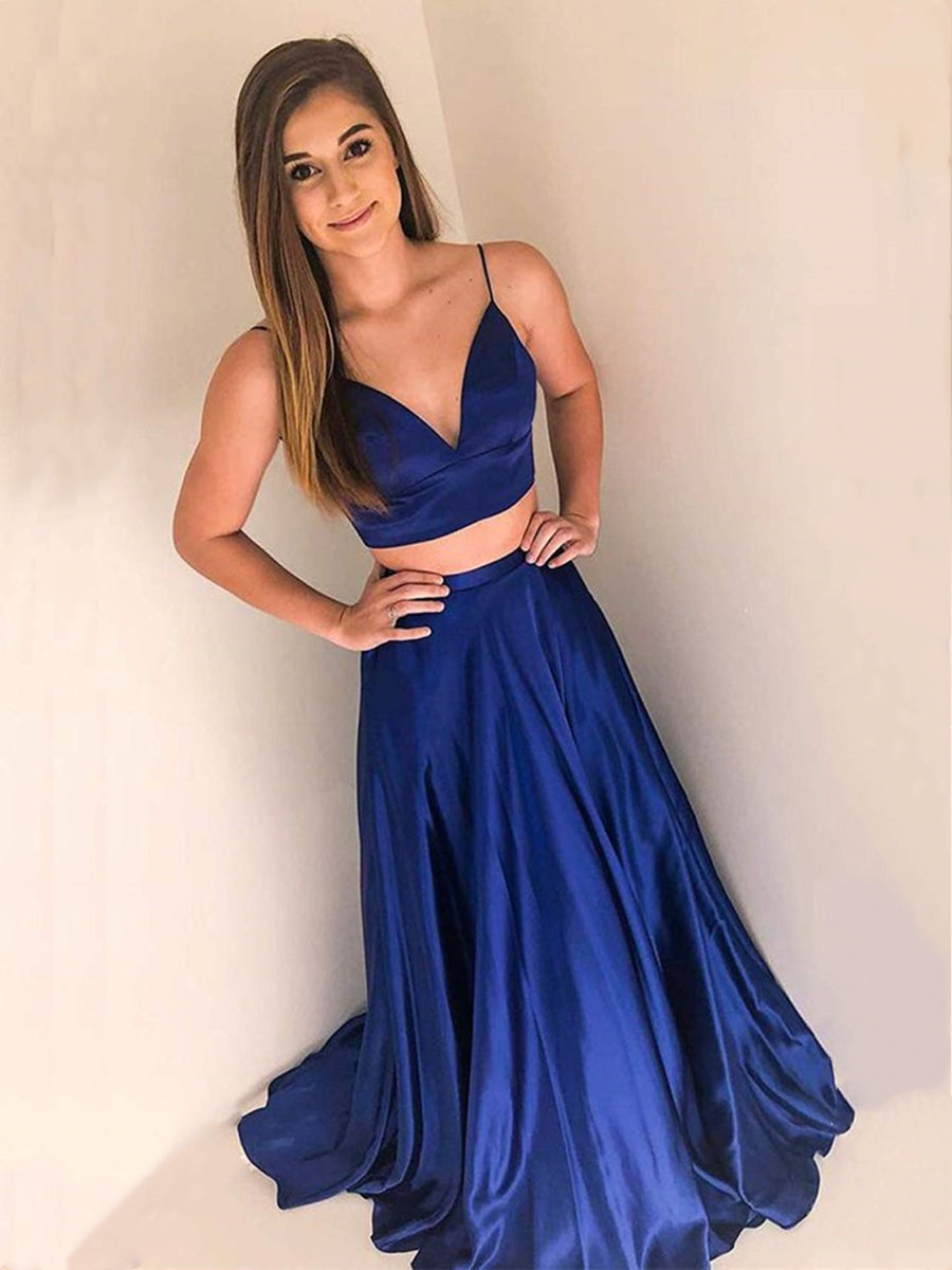 V Neck Two Pieces Royal Blue Long Prom Dresses, Two Pieces Royal Blue Formal Graduation Evening Dresses