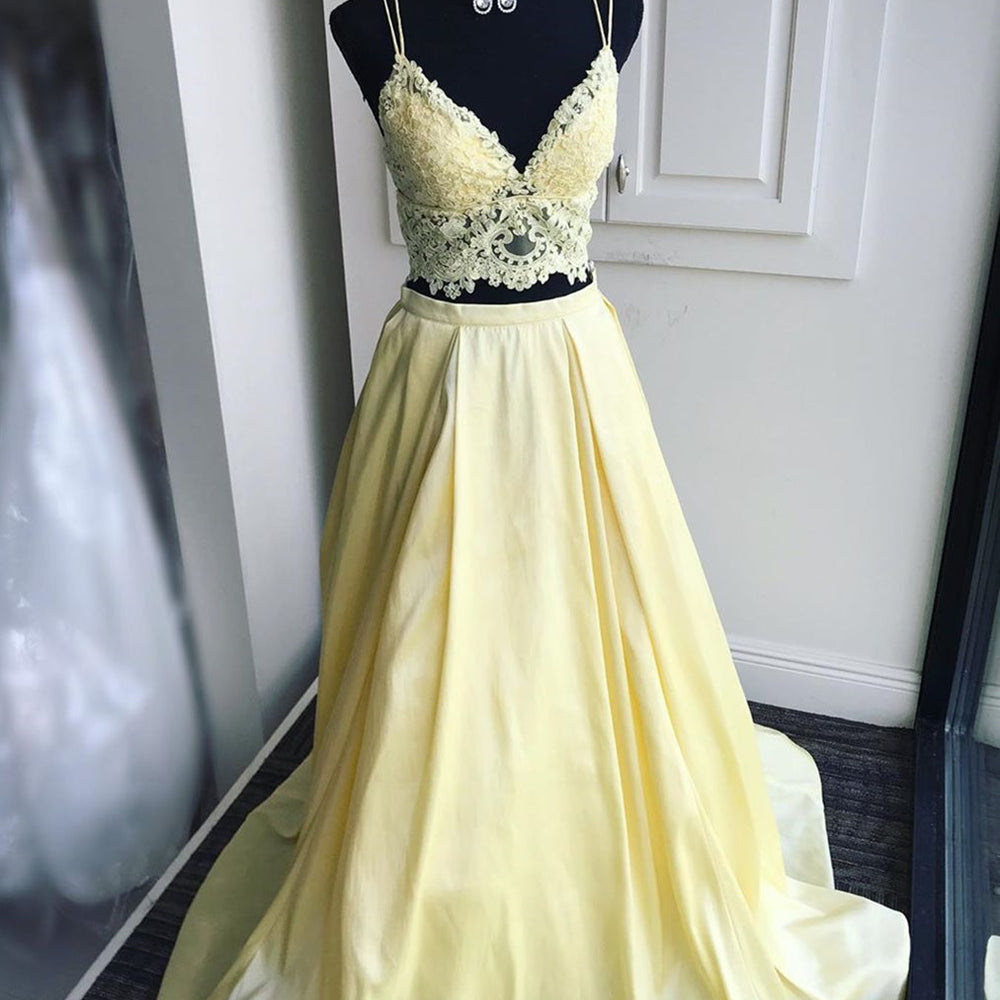 V Neck Two Pieces Yellow Lace Top Long Prom Dresses, Two Pieces Yellow Lace Formal Graduation Evening Dresses