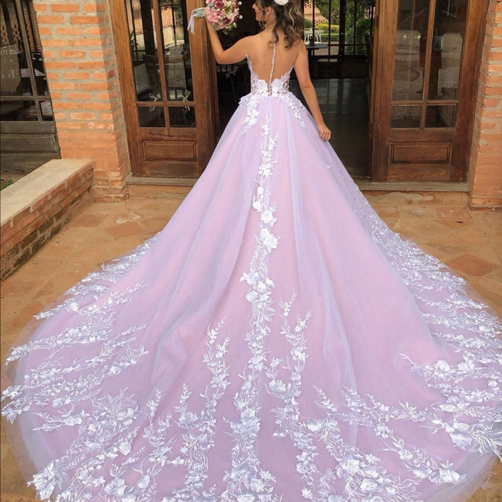 
                      
                        V Neck White Lace Long Prom Dresses, Long White Lace Formal Evening Dresses, Lace Ball Gown
                      
                    