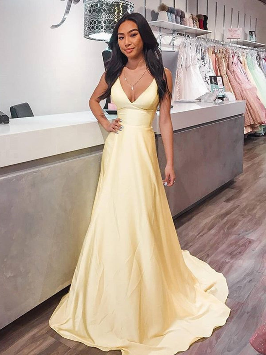 V Neck Yellow Satin Long Prom Dresses, Long Yellow Formal Graduation Evening Dresses