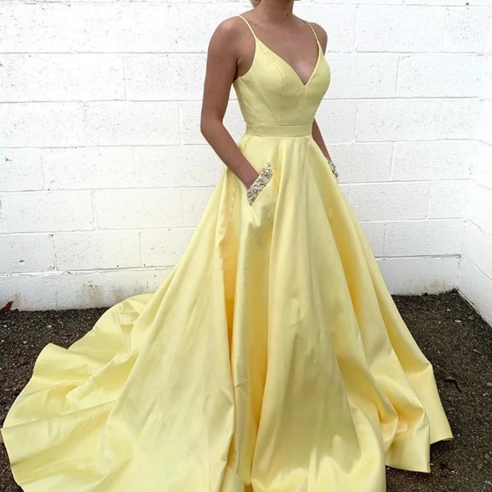 V Neck Yellow Satin Long Prom Dresses with Pockets, Thin Strap Yellow Formal Dresses, Yellow Evening Dresses