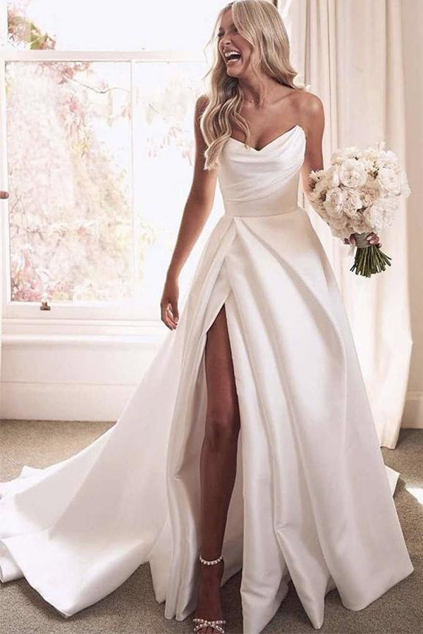 Vintage A Line White Satin Wedding Dress With Side Slit