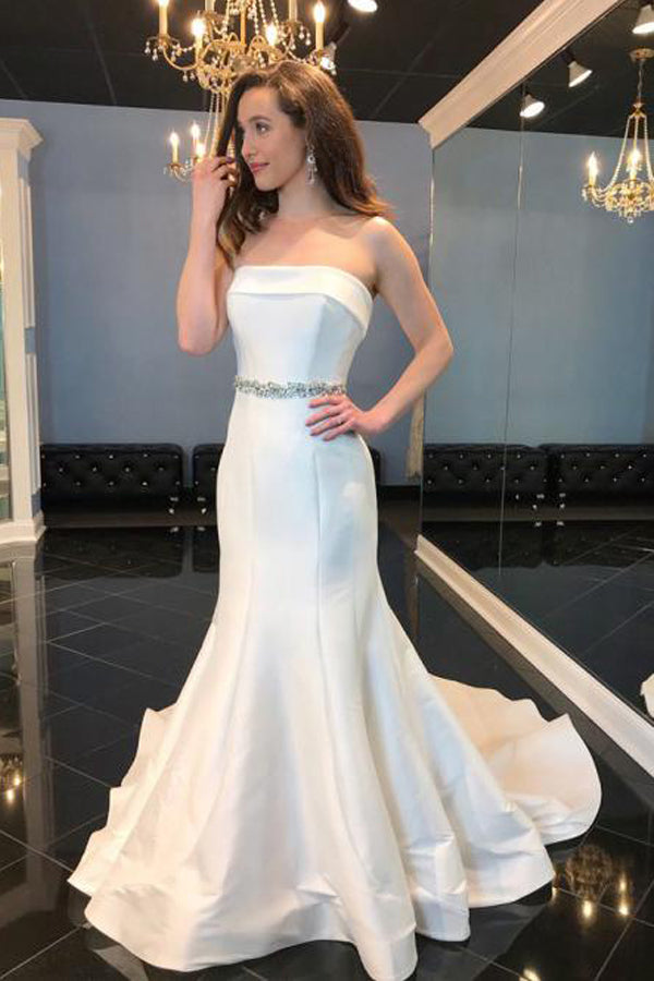 Vintage Mermaid Strapless Satin Wedding Dress With Beading