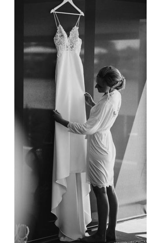 Vintage Spaghetti Straps Satin Wedding Dress With Lace Top