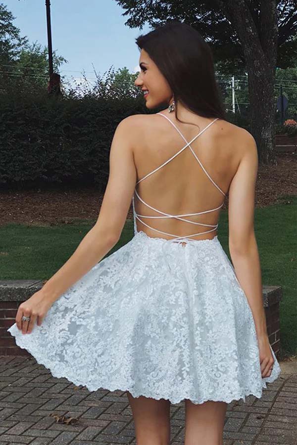 
                      
                        White Lace Spaghetti Straps A-line Short Prom Dress Short Homecoming Dress
                      
                    