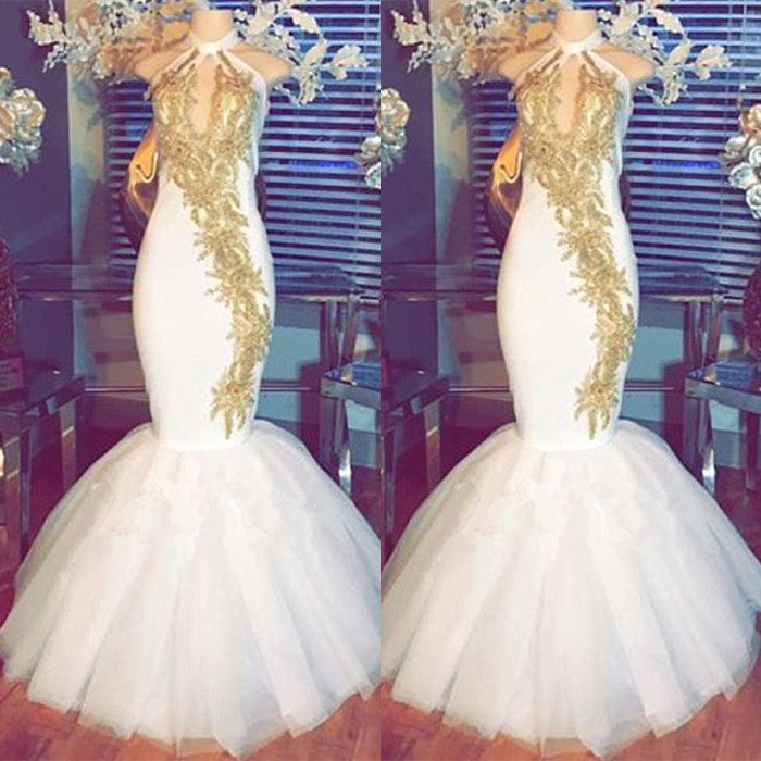 
                      
                        White Mermaid Prom Dress | Halter Evening Gowns With Gold Appliques BA8790
                      
                    