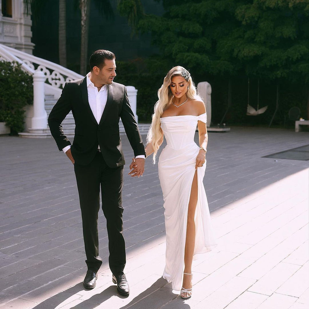 
                      
                        White Off-the-Shoulder Prom Dress with High Slit
                      
                    