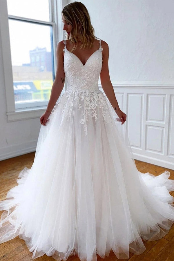 White Tulle Open Back Long Wedding Dresses With Lace Appliques