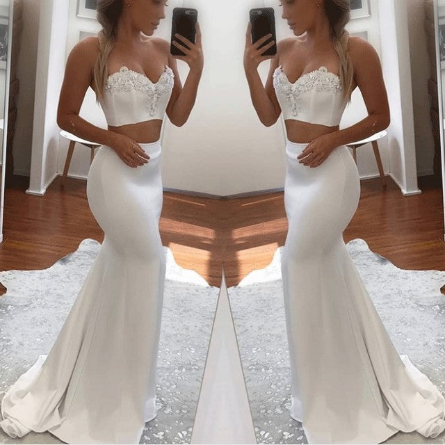 
                      
                        White Two Pieces Prom Dress | Mermaid Appliques Long Evening Gowns
                      
                    