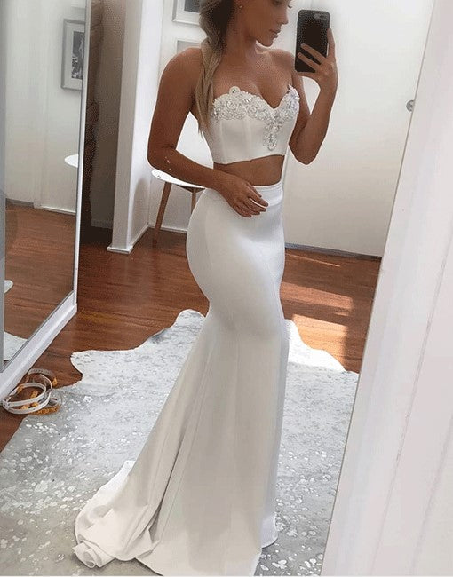 
                      
                        White Two Pieces Prom Dress | Mermaid Appliques Long Evening Gowns
                      
                    