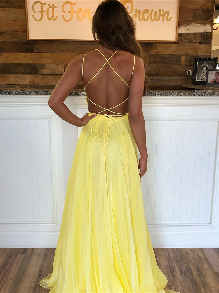 
                      
                        Yellow A Line Backless Sequins Chiffon Long Prom Dresses, Yellow Formal Dresses, Evening Dresses 2019
                      
                    