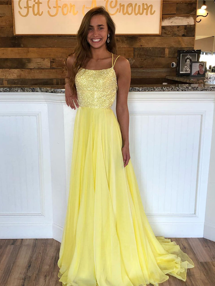 
                      
                        Yellow A Line Backless Sequins Chiffon Long Prom Dresses, Yellow Formal Dresses, Evening Dresses 2019
                      
                    