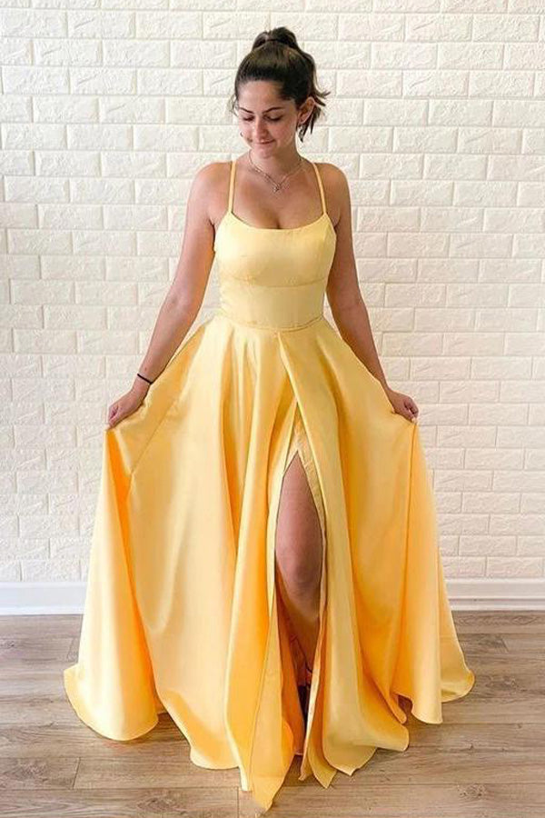 
                      
                        Yellow A-line Spaghetti Straps Satin Prom Dress With Slit
                      
                    