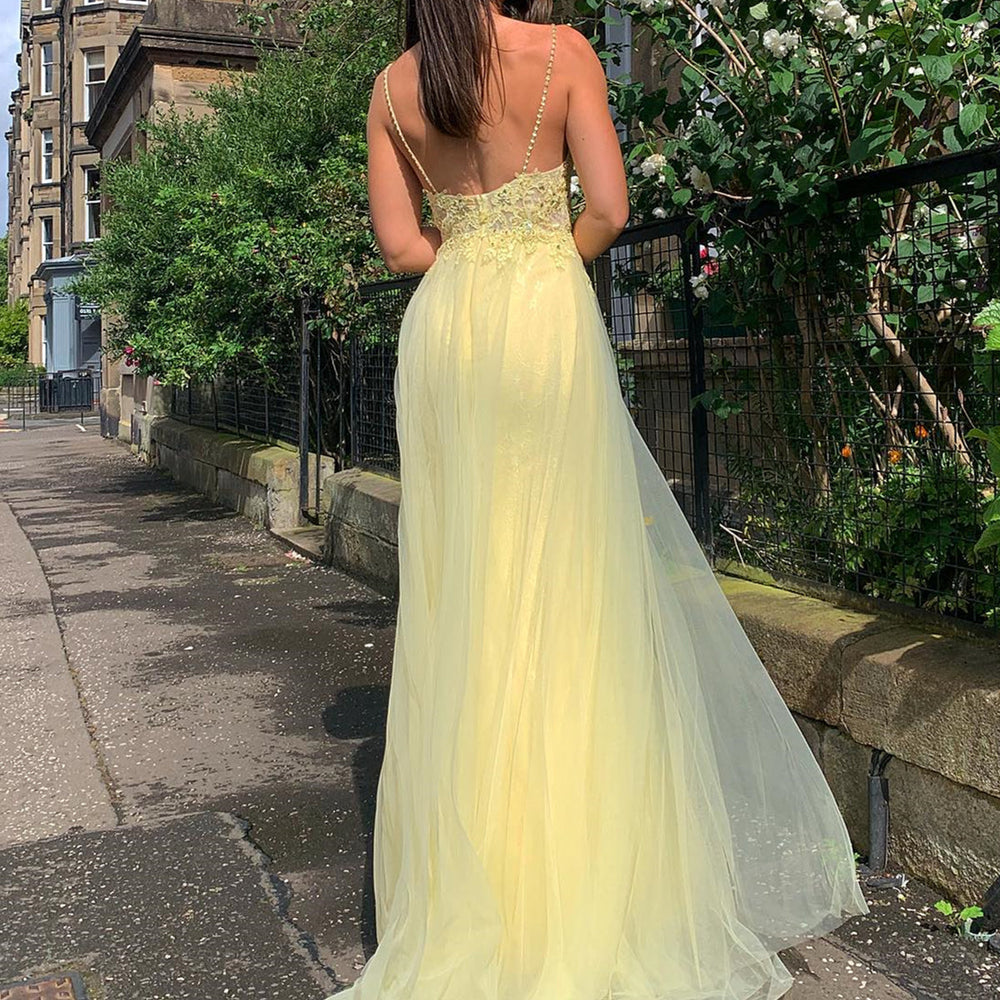 
                      
                        Yellow A Line V Neck Backless Lace Prom Dresses with Slit, Yellow Lace Formal Dresses, Yellow Evening Dresses
                      
                    