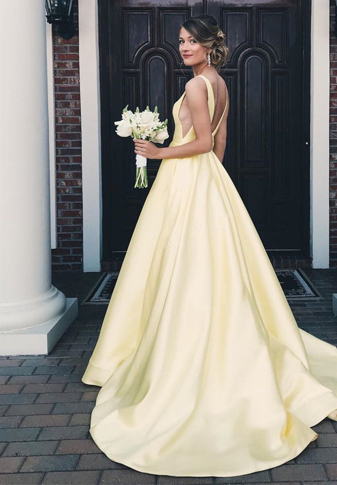 
                      
                        Yellow A Line V Neck Satin Long Prom Dresses, V Neck Backless Yellow Satin Wedding Dresses, Formal Dresses
                      
                    