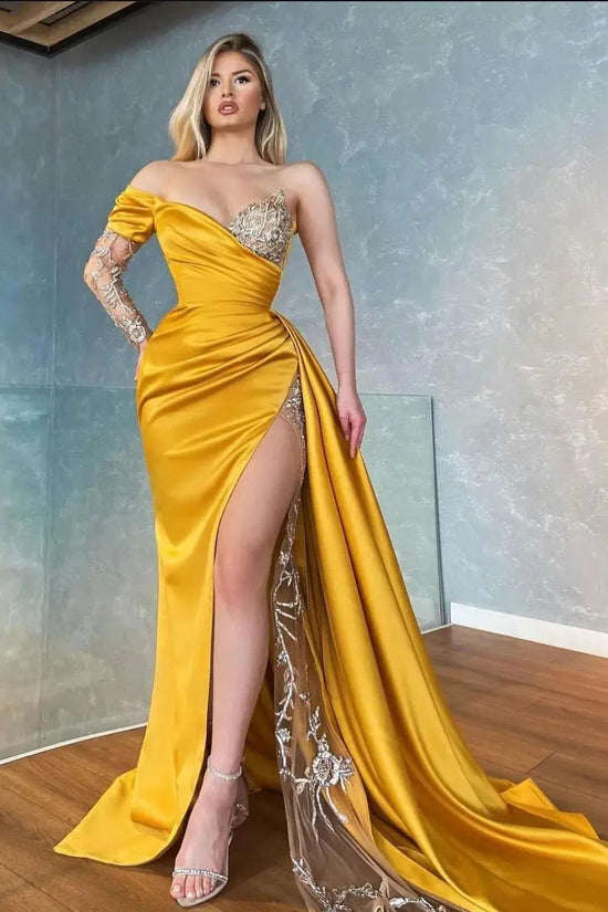 Yellow Long Sleeve Mermaid Prom Dress with Split and Ruffles Sweetheart Appliques